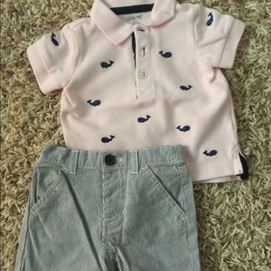 Little Me Pink Polo Whales Striped Blue Shorts